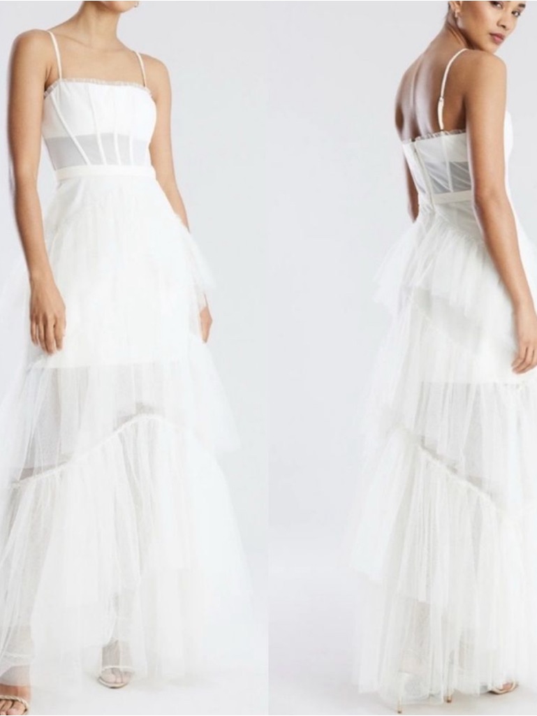 Bcbgmaxazria White Tiered Tulle Maxi Dress With Spaghetti Straps